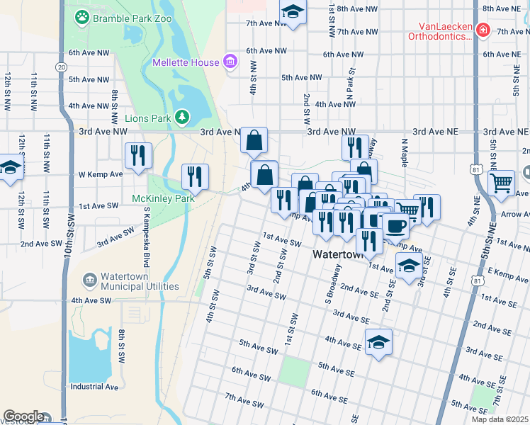 map of restaurants, bars, coffee shops, grocery stores, and more near 216 West Kemp in Watertown