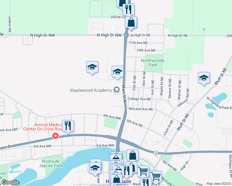 map of restaurants, bars, coffee shops, grocery stores, and more near 700 Main Street North in Hutchinson