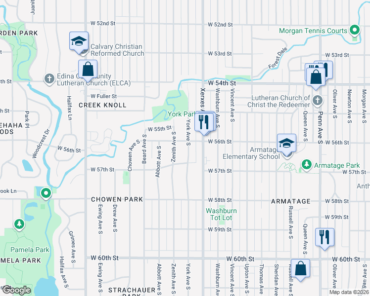 map of restaurants, bars, coffee shops, grocery stores, and more near 5617 Zenith Avenue South in Minneapolis