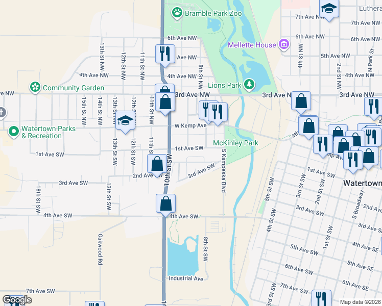 map of restaurants, bars, coffee shops, grocery stores, and more near 822 1st Avenue Southwest in Watertown