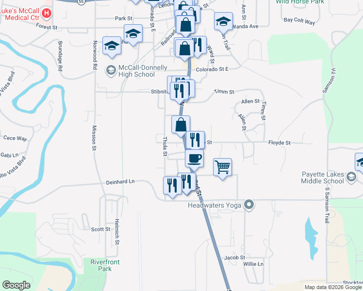 map of restaurants, bars, coffee shops, grocery stores, and more near 212 North 3rd Street in McCall