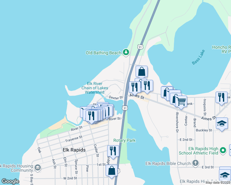 map of restaurants, bars, coffee shops, grocery stores, and more near in Elk Rapids