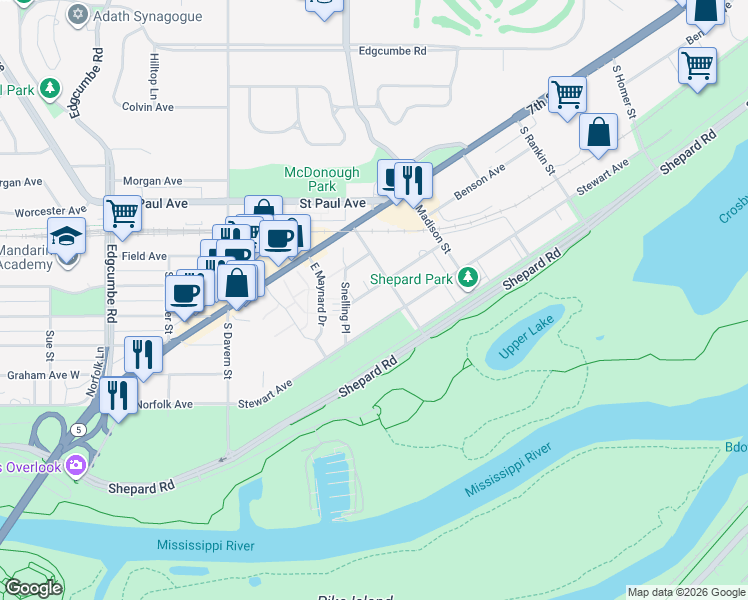 map of restaurants, bars, coffee shops, grocery stores, and more near 2318 Rockwood Avenue in Saint Paul