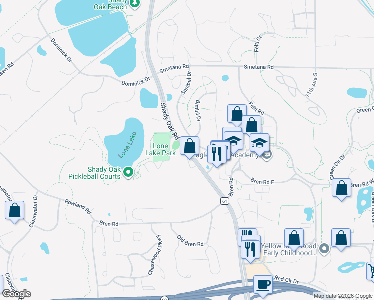 map of restaurants, bars, coffee shops, grocery stores, and more near 5734 Shady Oak Road in Minnetonka