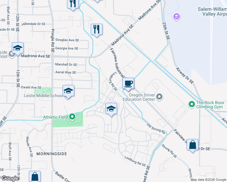 map of restaurants, bars, coffee shops, grocery stores, and more near 3712 Village Center Drive Southeast in Salem