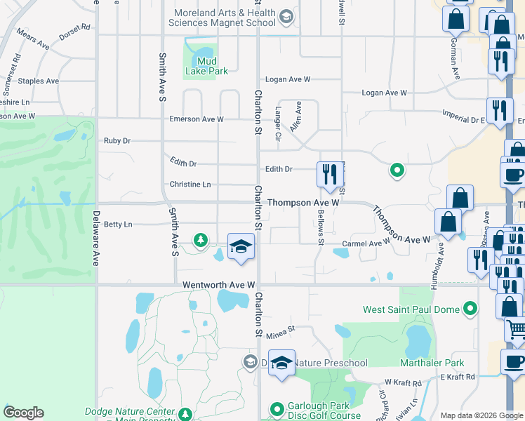map of restaurants, bars, coffee shops, grocery stores, and more near 271 Betty Lane in Saint Paul