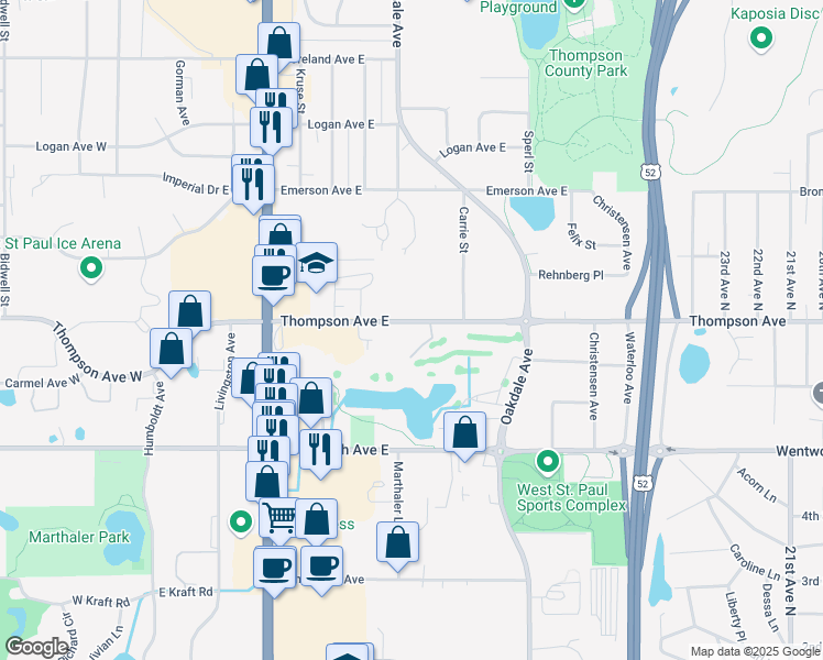 map of restaurants, bars, coffee shops, grocery stores, and more near 228 Thompson Avenue East in Saint Paul