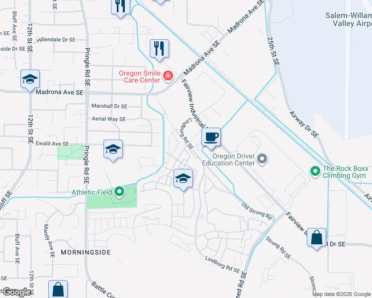 map of restaurants, bars, coffee shops, grocery stores, and more near 3771 Village Center Drive Southeast in Salem