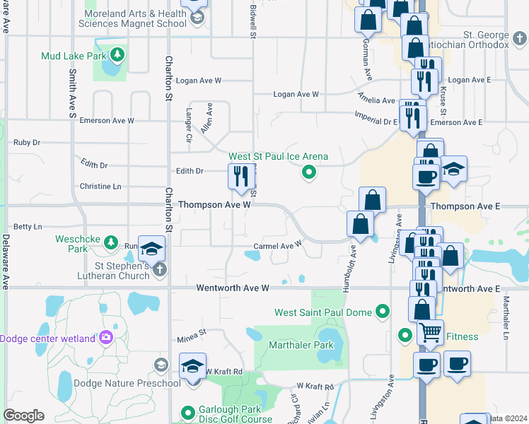 map of restaurants, bars, coffee shops, grocery stores, and more near in West Saint Paul