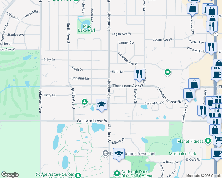 map of restaurants, bars, coffee shops, grocery stores, and more near 271 Betty Lane in Saint Paul