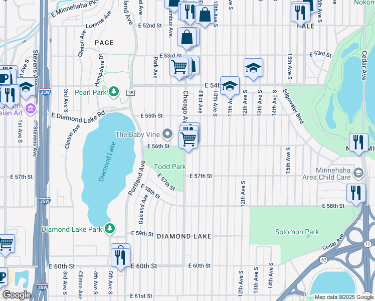 map of restaurants, bars, coffee shops, grocery stores, and more near 5615 Chicago Avenue in Minneapolis
