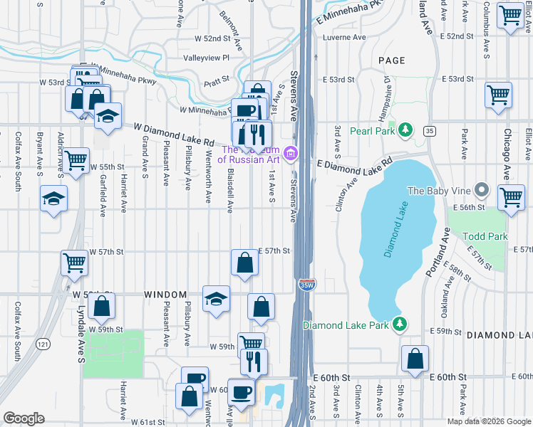 map of restaurants, bars, coffee shops, grocery stores, and more near 5617 Nicollet Avenue in Minneapolis
