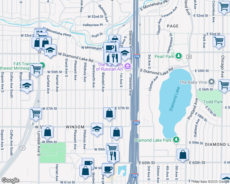 map of restaurants, bars, coffee shops, grocery stores, and more near 5617 Nicollet Avenue in Minneapolis