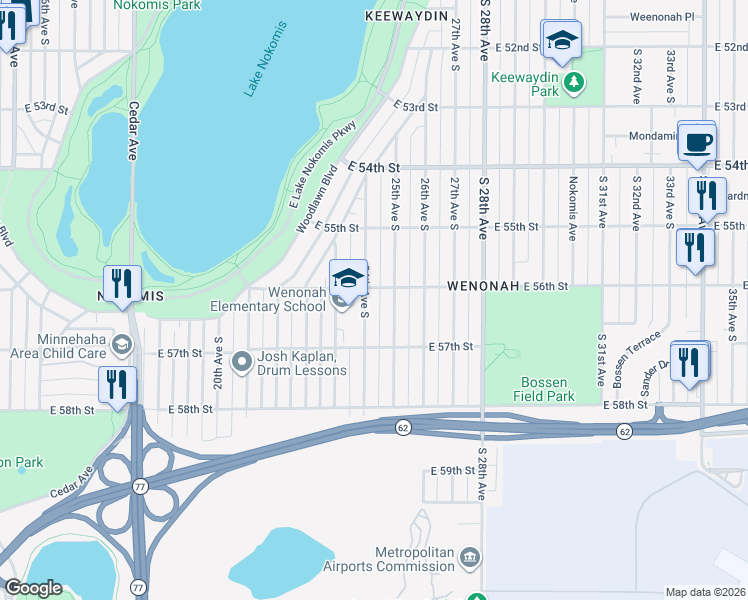 map of restaurants, bars, coffee shops, grocery stores, and more near 5621 24th Avenue South in Minneapolis