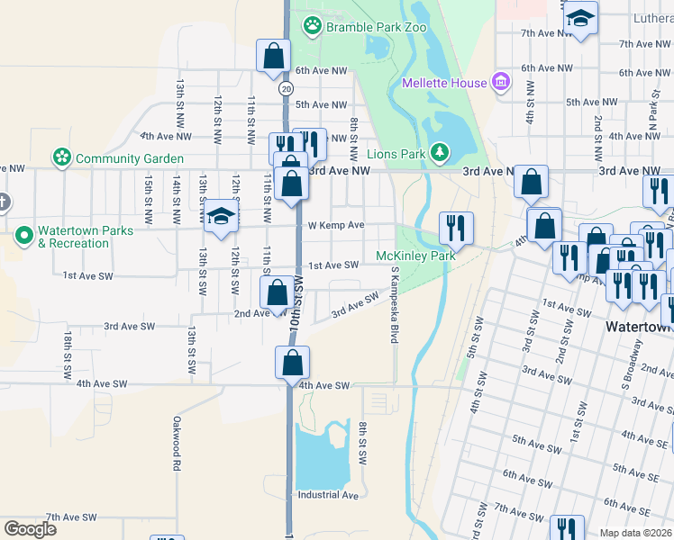 map of restaurants, bars, coffee shops, grocery stores, and more near 822 1st Avenue Southwest in Watertown