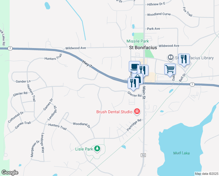 map of restaurants, bars, coffee shops, grocery stores, and more near Glacier Road in Saint Bonifacius