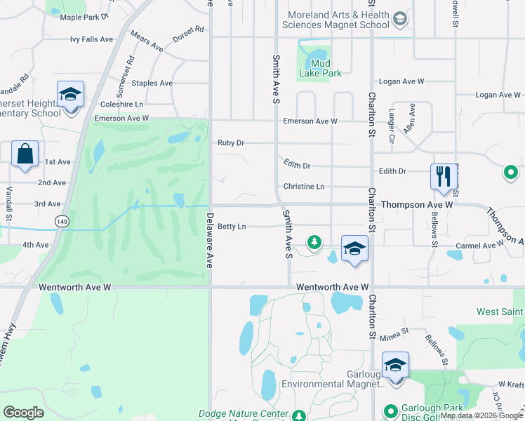 map of restaurants, bars, coffee shops, grocery stores, and more near 405 Betty Lane in Saint Paul