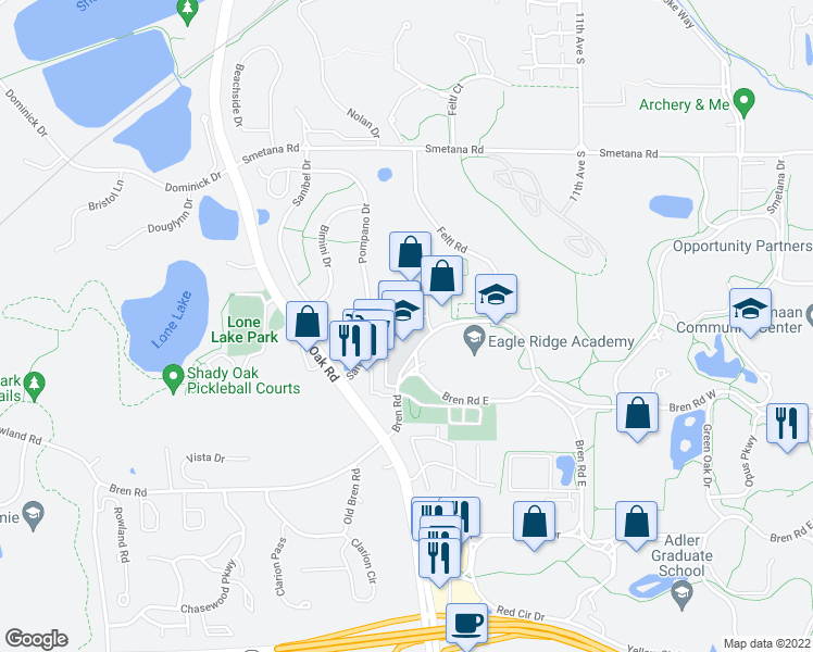 map of restaurants, bars, coffee shops, grocery stores, and more near 11140 Bren Road West in Minnetonka