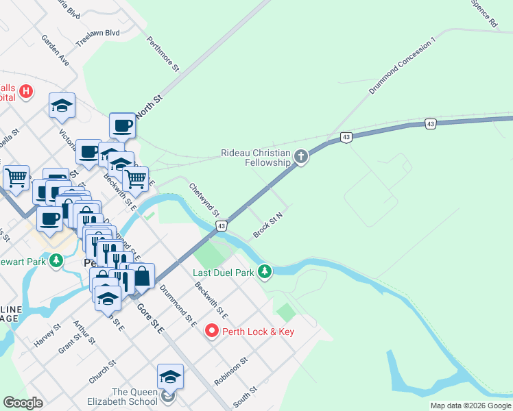 map of restaurants, bars, coffee shops, grocery stores, and more near 14 Craig Street in Perth