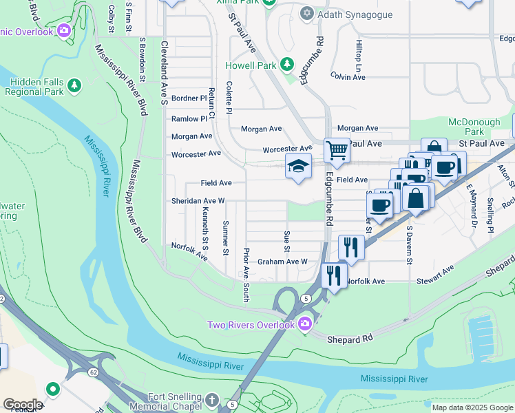 map of restaurants, bars, coffee shops, grocery stores, and more near 1923 Wordsworth Avenue West in Saint Paul