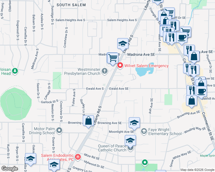 map of restaurants, bars, coffee shops, grocery stores, and more near 3767 Liberty Road South in Salem