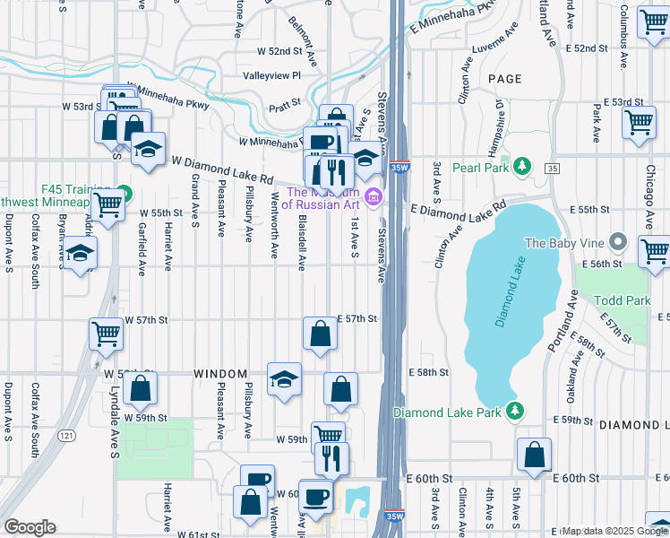 map of restaurants, bars, coffee shops, grocery stores, and more near 5617 Nicollet Avenue in Minneapolis