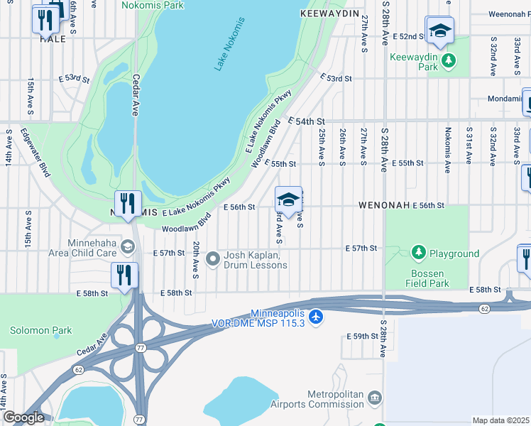 map of restaurants, bars, coffee shops, grocery stores, and more near 5617 Standish Avenue South in Minneapolis