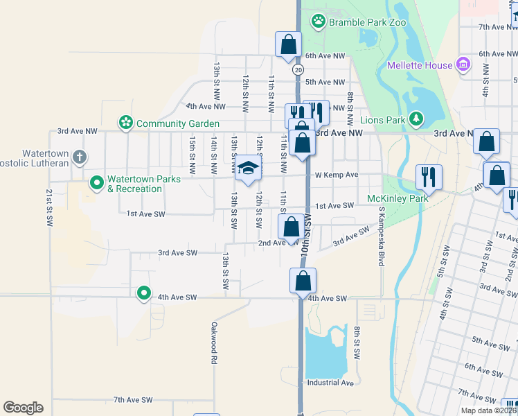 map of restaurants, bars, coffee shops, grocery stores, and more near 98 12th Street Southwest in Watertown