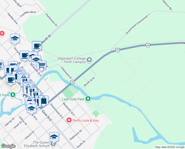 map of restaurants, bars, coffee shops, grocery stores, and more near 25 Brock Street North in Perth