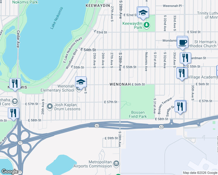 map of restaurants, bars, coffee shops, grocery stores, and more near 5620 27th Avenue South in Minneapolis