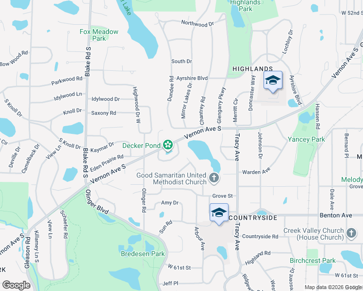 map of restaurants, bars, coffee shops, grocery stores, and more near 5812 Vernon Lane in Edina