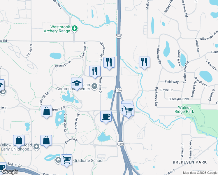 map of restaurants, bars, coffee shops, grocery stores, and more near 5601 Smetana Drive in Hopkins
