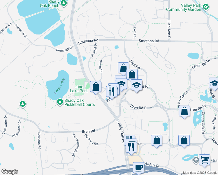 map of restaurants, bars, coffee shops, grocery stores, and more near 5655 Pompano Drive in Hopkins