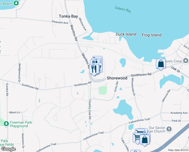 map of restaurants, bars, coffee shops, grocery stores, and more near 5663 Manitou Road in Excelsior