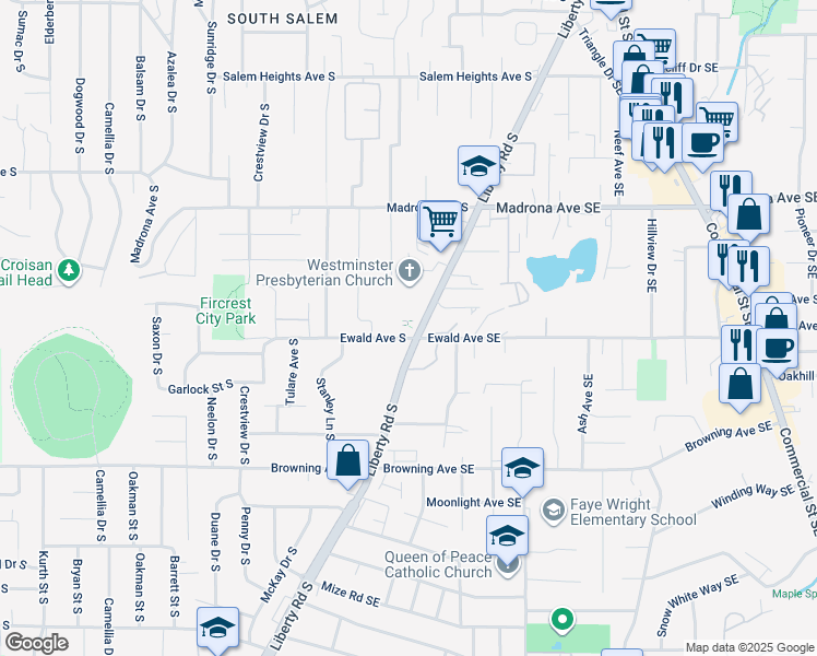 map of restaurants, bars, coffee shops, grocery stores, and more near 3765 Liberty Road South in Salem