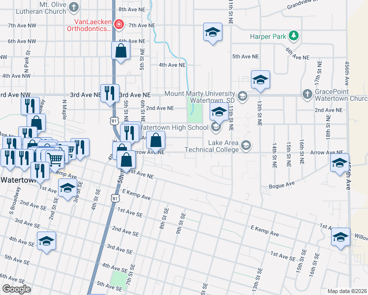 map of restaurants, bars, coffee shops, grocery stores, and more near 700-798 Arrow Ave NE in Watertown