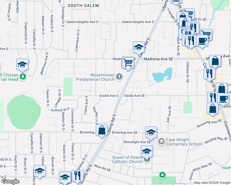 map of restaurants, bars, coffee shops, grocery stores, and more near 542 Ewald Avenue South in Salem