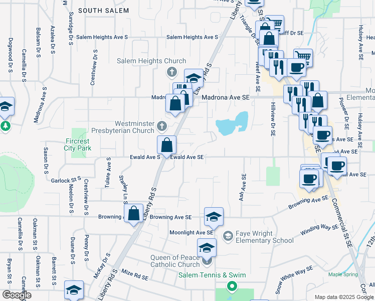 map of restaurants, bars, coffee shops, grocery stores, and more near 3816 Seneca Avenue Southeast in Salem