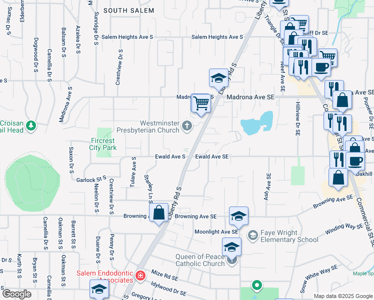 map of restaurants, bars, coffee shops, grocery stores, and more near 38 1st Place Southeast in Salem