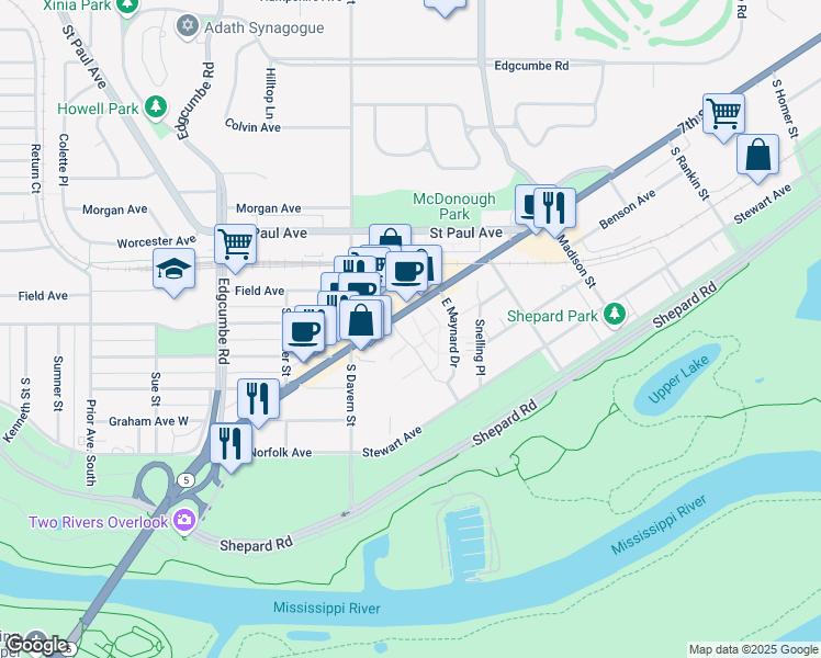 map of restaurants, bars, coffee shops, grocery stores, and more near 1338 West Maynard Drive in Saint Paul