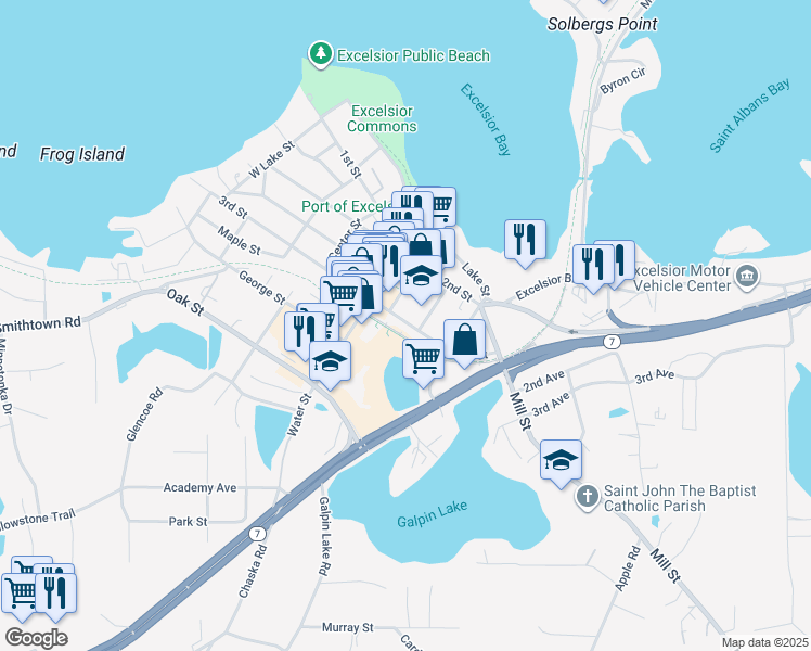 map of restaurants, bars, coffee shops, grocery stores, and more near 500 3rd Street in Excelsior