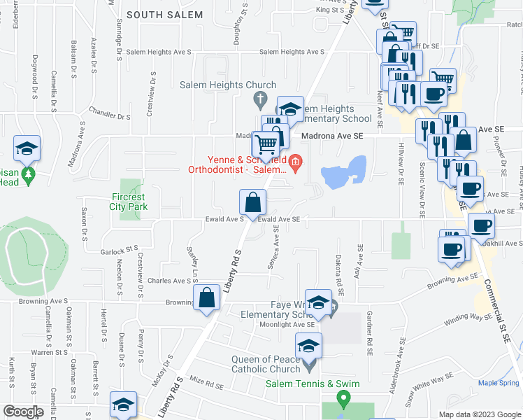 map of restaurants, bars, coffee shops, grocery stores, and more near 3709 Owyhee Court Southeast in Salem