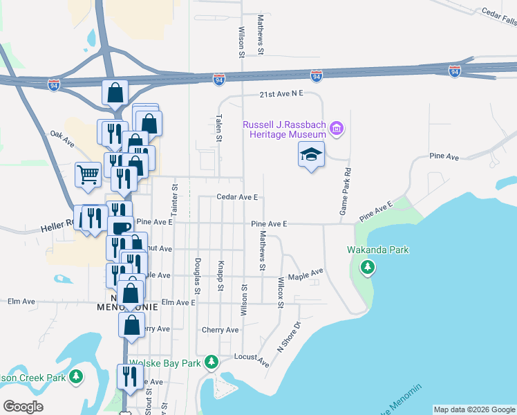 map of restaurants, bars, coffee shops, grocery stores, and more near 1631 Mathews Street in Menomonie