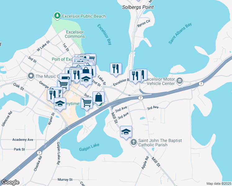 map of restaurants, bars, coffee shops, grocery stores, and more near 255 Mill Street in Excelsior
