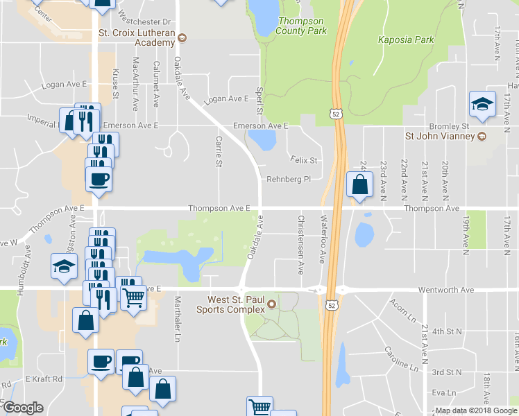 map of restaurants, bars, coffee shops, grocery stores, and more near 299 Thompson Avenue East in West Saint Paul
