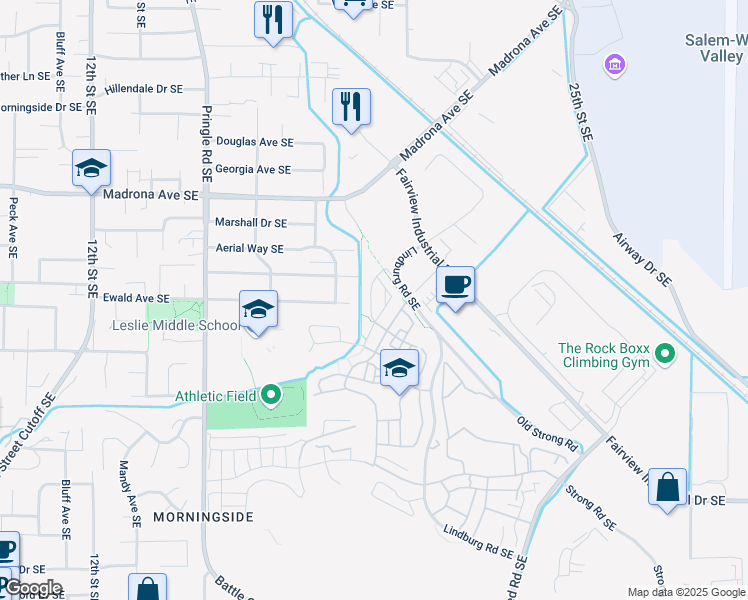 map of restaurants, bars, coffee shops, grocery stores, and more near 2067 Audubon Avenue Southeast in Salem