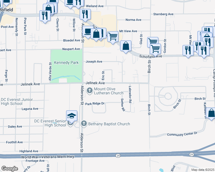map of restaurants, bars, coffee shops, grocery stores, and more near 2711 Jelinek Avenue in Schofield