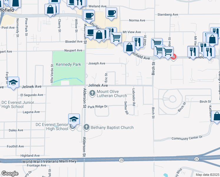 map of restaurants, bars, coffee shops, grocery stores, and more near 2711 Jelinek Avenue in Schofield