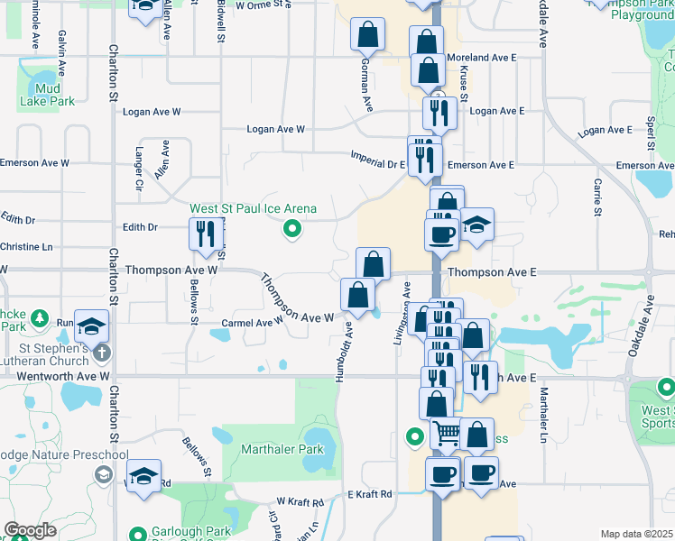 map of restaurants, bars, coffee shops, grocery stores, and more near 1 Thompson Avenue West in Saint Paul