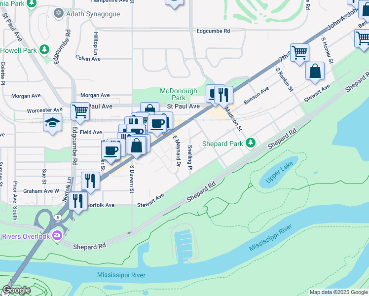 map of restaurants, bars, coffee shops, grocery stores, and more near 162 Snelling Place in Saint Paul